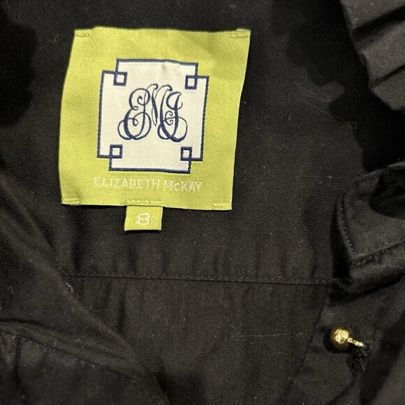 Elizabeth McKay Womens 8 Black Blouse Ruffle Neck Gold Buttons Tuxedo Style - Picture 8 of 10